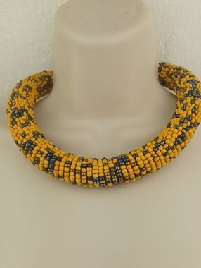 Gorgeous Chunky Golden Yellow & Metallic Gray Plump Seed Bead Choker Necklace